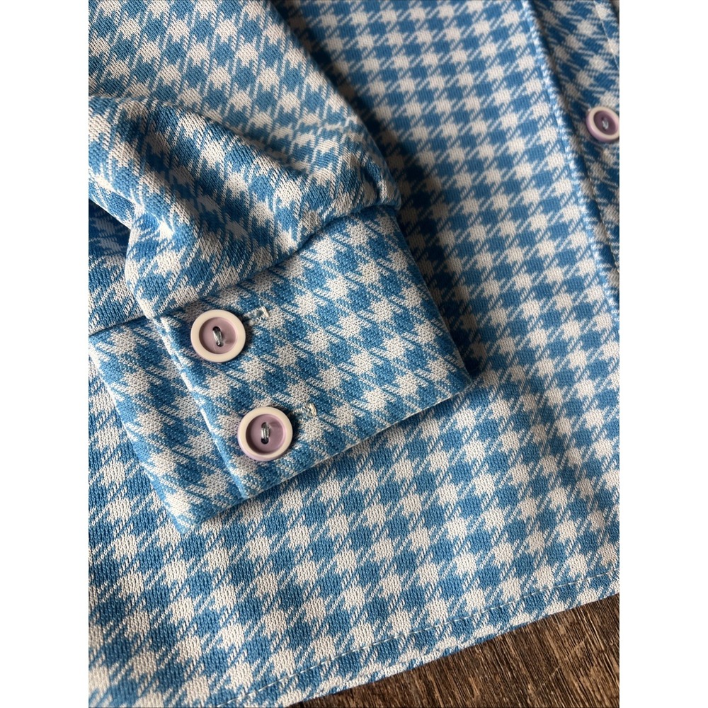 Vintage 70s Houndstooth Knit Shirt Blue Disco Wing Collar Womens M/L - Picture 6 of 10